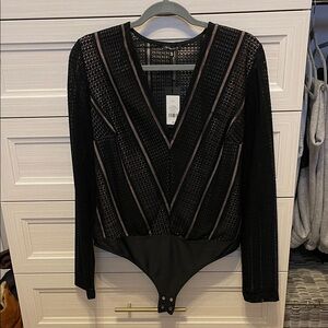 Dynamite Black Lace V-Neck Bodysuit with Pink Trim